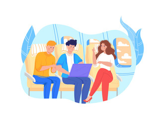 Business travel in airplane, businessman with computer on trip, special transport, cartoon vector illustration, isolated on white.