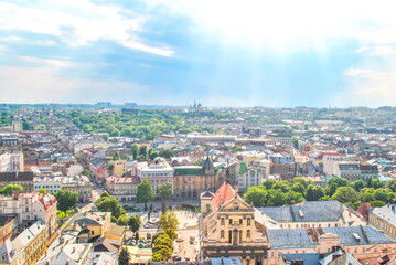 Fototapeta premium Summer landscape from above in Lviv by blue sky, Ukraine