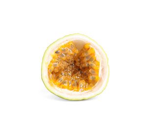 Half of delicious yellow passion fruit isolated on white