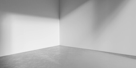 empty white walls room corner with concrete floor 3d render illustration