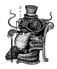 Fish Catfish sits in a chair, with a cane, in a top hat and smokes a cigar, vector illustration. Drawing with an ink pen and pencil. A collection of fish.