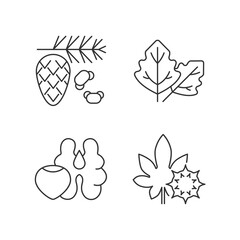 Cause of allergic reaction linear icons set. Cedar and pine tree pollen. Tree nuts. Castor bean. Customizable thin line contour symbols. Isolated vector outline illustrations. Editable stroke