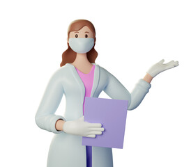 3d render character doctor. Attention. Doctor of medicine woman wearing mask, gloves pointing. Medical clip art isolated on white background. 3d illustration