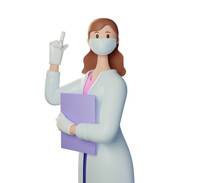 3d render character doctor. Attention. Doctor of medicine woman wearing mask, gloves points up with her finger. medical clip art isolated on white background. 3d illustration