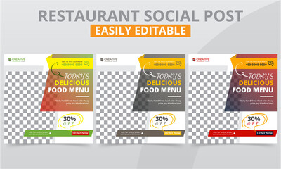 Editable social media marketing post templates for the restaurant campaign ads. Modern square social web banner pack for the breakfast, lunch & dinner food menu promotion.