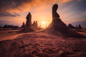 Felsformationen auf Landschaft gegen Himmel bei Sonnenuntergang, Saudi-Arabien