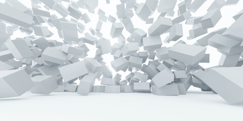 flying white bricks cubes explosion dynamic destruction 3d render illustration