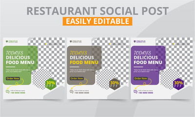 Editable social media marketing post templates for the restaurant campaign ads. Modern square social web banner pack for the breakfast, lunch & dinner food menu promotion.