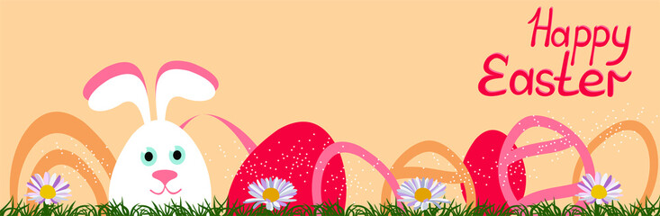 happy easter banner poster greeting eggs written text with hare egg on pink background in pastel colors
