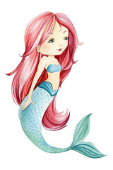 Mermaid on an isolated white background. Watercolor drawing