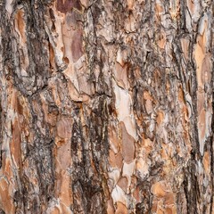 Close up texture of brown cracked bark of white pine in the forest, coniferous pine tree Scots pine, Pinus sylvestris. Abstract natural background, wooden pattern with worm beige orange reddish color.