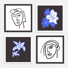 Fototapeta na wymiar A set of framed hand drawn line art inspired by Matisse. The minimalist contemporary design of the human face combined with floral objects project a sense of wellbeing, inner peace, and mindfulness.