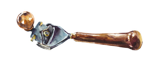 Carpenter iron jack plane color sketch. Watercolor illustration on white background. Hand construction tool for woodworking.