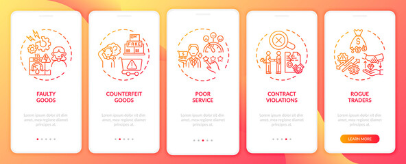 Client rights violation claims onboarding mobile app page screen with concepts. Bad service, rogue walkthrough 5 steps graphic instructions. UI, UX, GUI vector template with linear color illustrations