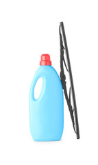 Fototapeta premium Bottle of windshield washer fluid and wiper on white background