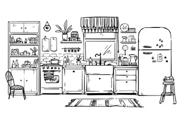 vector line drawing of a cozy kitchen - 427894316