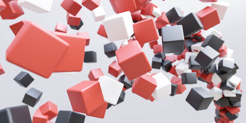 red, white and black flying rotating cubes geometric shapes background 3d render illustration