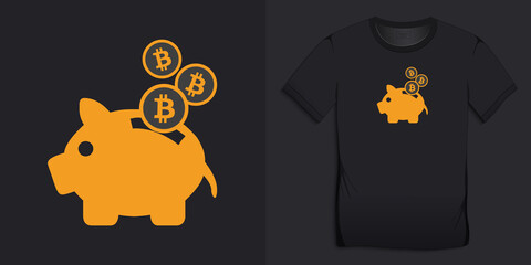 Bitcoin and saving piggy bank,  dark cryptocurrency design for t-shirt vector