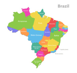 Brazil map, administrative division, separated individual regions with names, color map isolated on white background vector