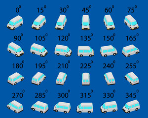 A set of 24 minibus from different angles. Animation of the rotation of a white bus by 15 degrees. 