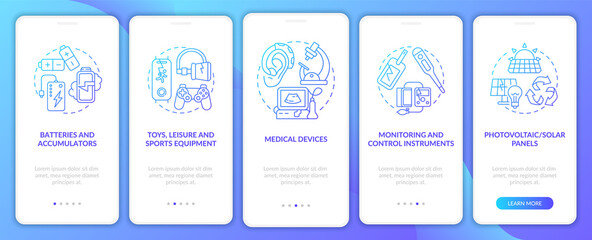 Toxic-waste types onboarding mobile app page screen with concepts. Batteries, devices, panels walkthrough 5 steps graphic instructions. UI, UX, GUI vector template with linear color illustrations