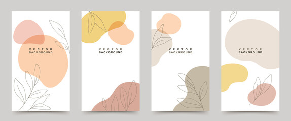 Vector set of background templates with  trendy colored shapes and minimal hand drawn leaves in line art.Illustration for posters,invitation and social media stories and posts,cover.