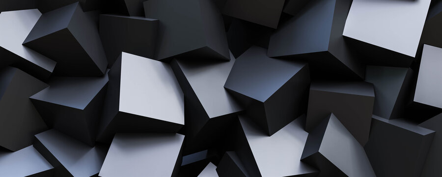 black abstract polygon background with dark cubes composition 3d render illustration