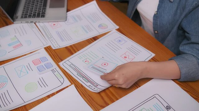 Web designer working laptop responsive design. Creative UI Ux designer teamwork meeting planning designing wireframe layout application development for smartphone screen mobile phone technology