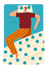 Bedroom sleep bed, start an alarm clock, lying pillow sleepy, girl cute dress resting, design, cartoon style vector illustration.