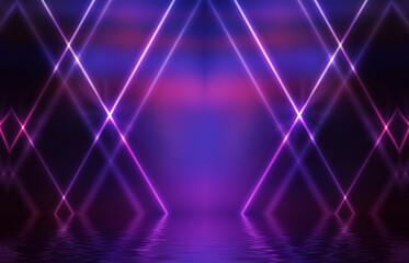 Fototapeta na wymiar Abstract background. Neon multicolored light reflects on the water. Beach party, light show. Blurry lights glisten on the surface. 3d illustration