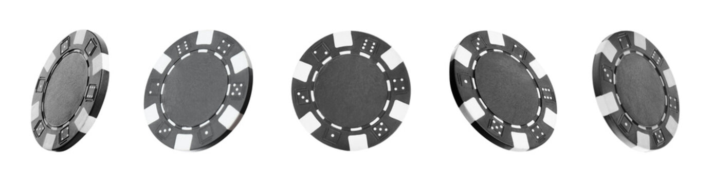 Set with black casino chips on white background. Banner design