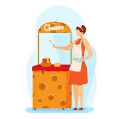 Exhibition types cheese, promotion advertising dairy products, tasting outgrowth, design, flat style vector illustration.