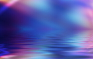 Abstract background. Neon multicolored light reflects on the water. Beach party, light show. Blurry lights glisten on the surface. 3d illustration