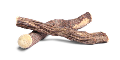 Dried sticks of liquorice root on white background
