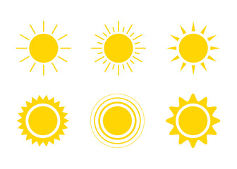 Yellow sun icon set, sunshine and solar glow. Decorative circle sun and sunlight. Hot solar energy for tan. Vector sign