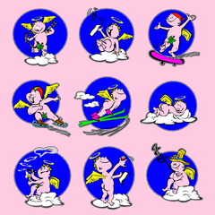 Stickers angels set icons, collection cupids signs. Set of amur with characters in motion