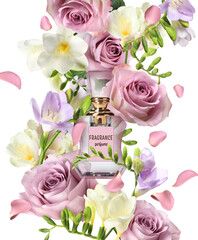 Bottle of luxury perfume and beautiful flowers on white background