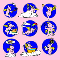 Stickers angels set icons, collection cupids signs. Set of amur with characters in motion