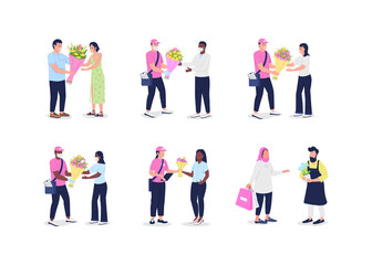 Fototapeta na wymiar Flower delivery couriers with customers flat color vector detailed and faceless character set. Receive bouquet isolated cartoon illustration for web graphic design and animation collection