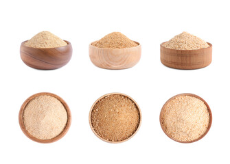 Set with fresh bread crumbs on white background