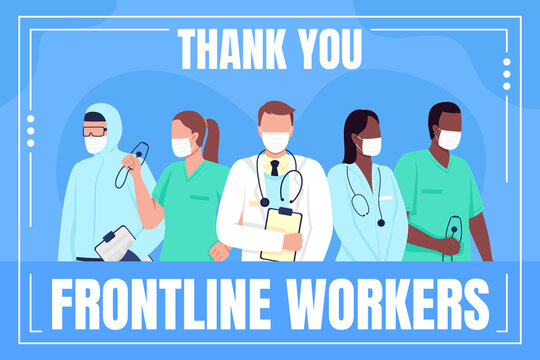 Medical workers social media post mockup. Thank you frontline workers phrase. Web banner design template. Covid booster, content layout with inscription. Poster, print ads and flat illustration