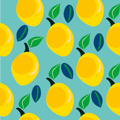 Obraz premium Seamless pattern with lemons on the mint green background. Bright summer design, vector illustration EPS 8. Hand drawn flat style.