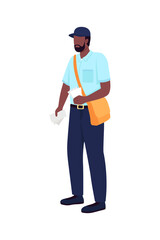 African american postman flat color vector faceless character. Delivery man with envelopes. Postal service. Essential worker isolated cartoon illustration for web graphic design and animation