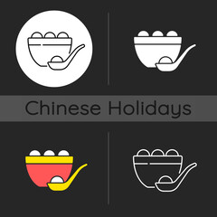 Tangyuan dark theme icon. Glutinous rice dumpling. Winter solstice festival. Making and eating glutinous rice balls. Linear white, simple glyph and RGB color styles. Isolated vector illustrations