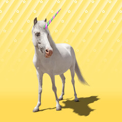 Trendy art collage. Beautiful unicorn on color background