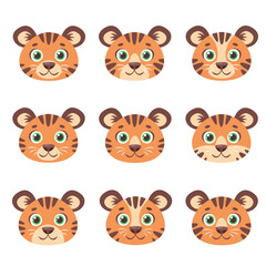 Cute tigers faces. Striped tigers set. Year of the Tiger. Vector illustration
