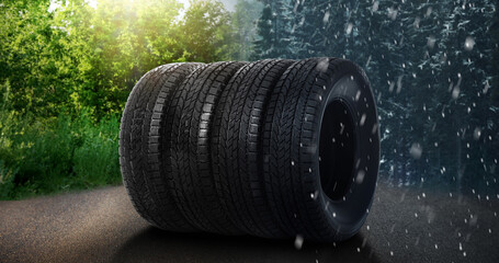 Set of new winter and summer tires on asphalt road, collage. Banner design