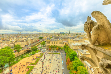Notre Dame gargoyles looking Parisian skyline. Paris city capital of France. Aerial view of the...
