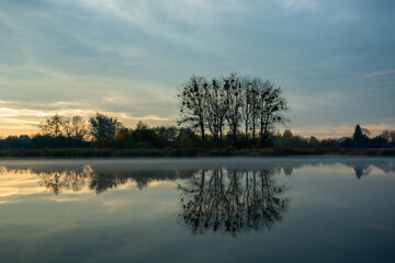 Obraz na płótnie Canvas Mirror reflection of trees in a misty lake
