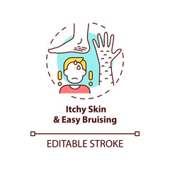 Itchy skin and easy bruising concept icon. Liver disease sign idea thin line illustration. Bile salt accumulating under skin. Kidney failure. Vector isolated outline RGB color drawing. Editable stroke
